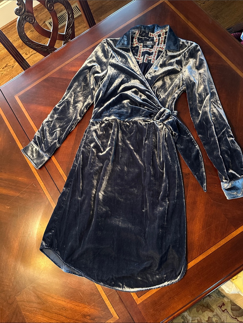 Maeve Shimmery Navy Velvet Wrap Dress with Buckle